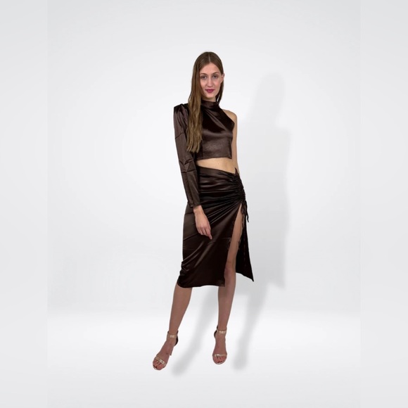 Satin Brown Drawstring Midi Skirt & Top Set - Picture 3 of 6